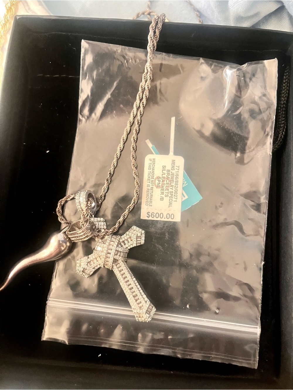 Men’s .925 Silver Cross Pendant Necklace - Silver Italian horn 10 inches